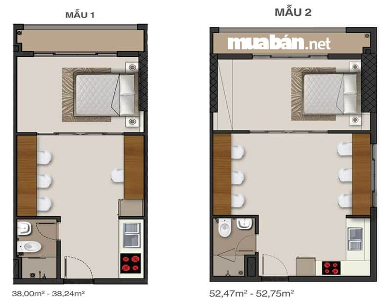 Diện tích và thiết kế căn hộ 1 phòng ngủ