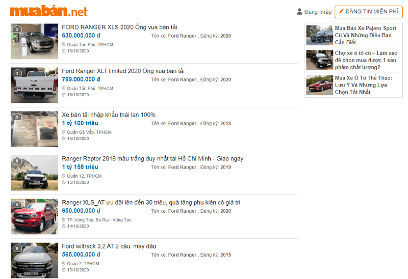 Truy cập muaban.net bạn sẽ tìm thấy rất nhiều những mẫu xe oto bán tải cũ được rao với giá tốt.