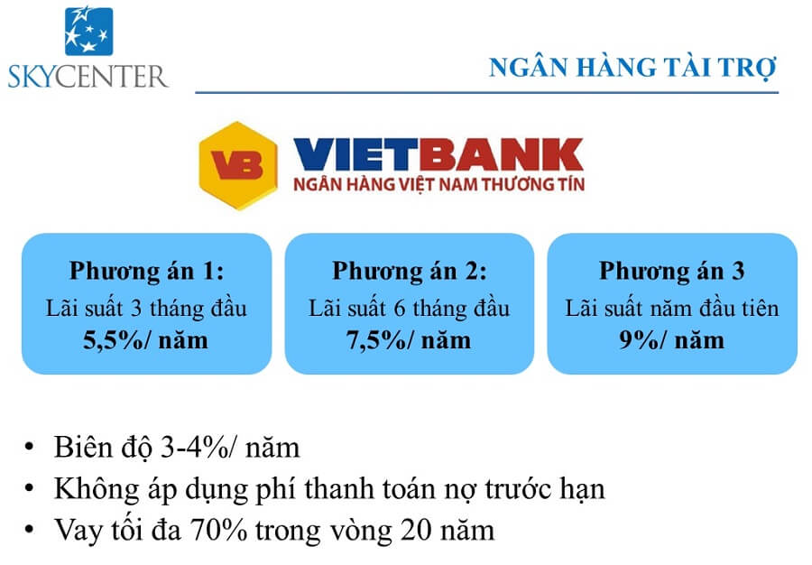 Qúy khách hàng mua căn hộ Sky Center còn được Ngân hàng Vietbank hỗ trợ tối đa 70% với lãi suất ưu đãi chỉ 5,75%/năm.