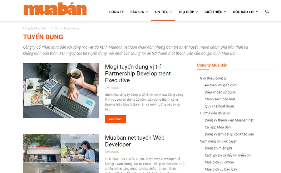 Một số thông tin tuyển dụng trên website muaban.net.
