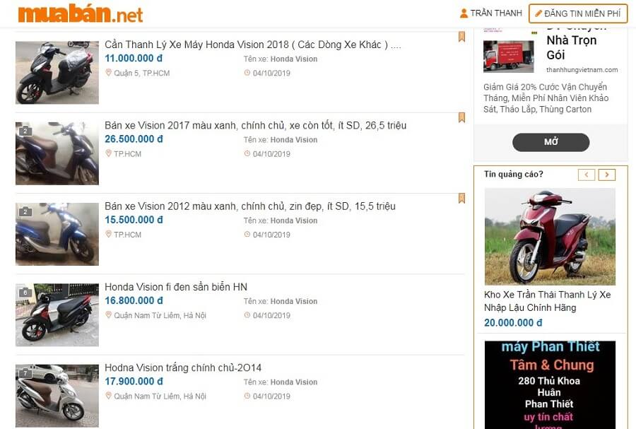 Lướt một vòng trên muaban.net bạn sẽ tìm thấy rất nhiều mẫu xe Vision cũ.