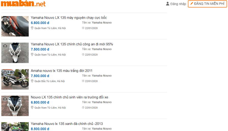 Giá xe Nouvo LX cũ đang được rao bán trên muaban.net hiện nay cực kì rẻ.