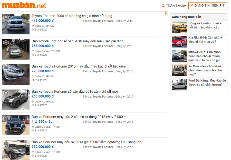 Truy cập muaban.net bạn sẽ thấy rất nhiều mẫu xe Toyota Fortuner cũ được rao bán.
