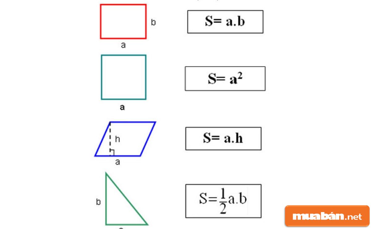 Bạn cần áp dụng cách tính diện tích của các hình vuông, hình chữ nhật hoặc hình tam giác.